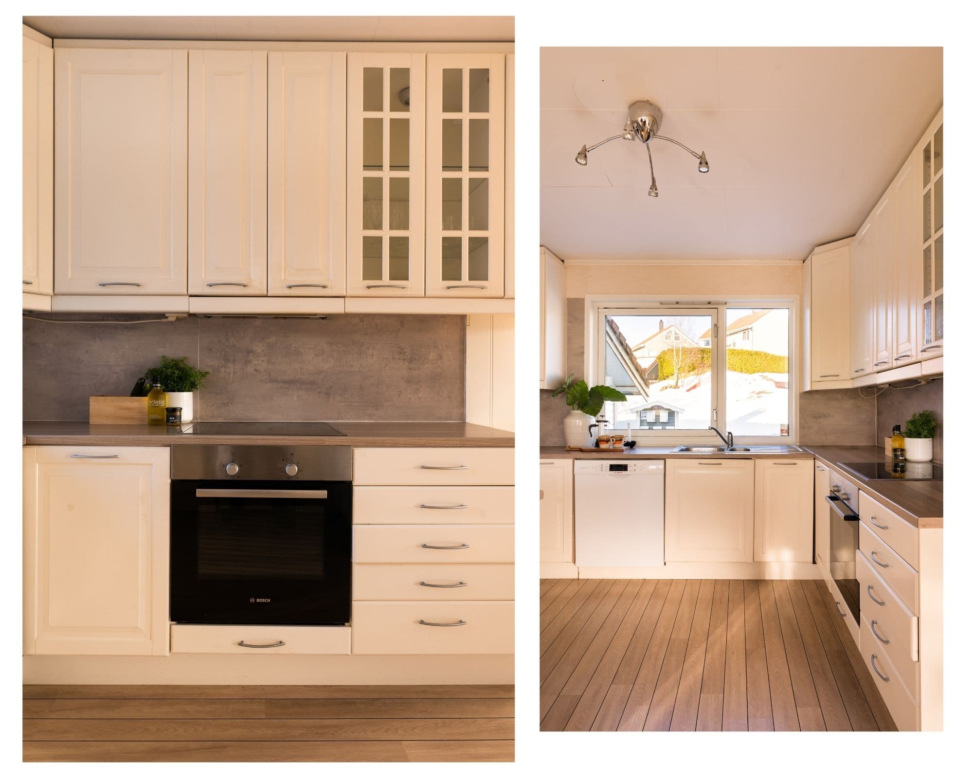 Det er integrert koketopp, stekeovn og oppvaskmaskin. Avsatt plass til kjøleskap.