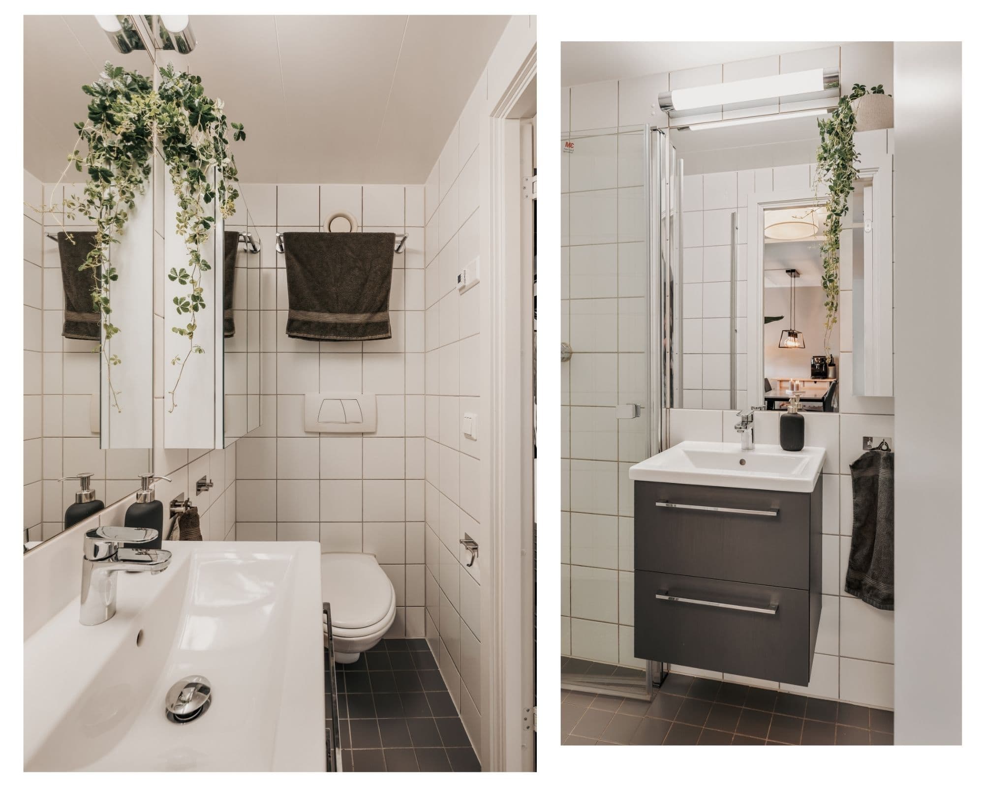 Lyst baderom (våtromskabin fra byggeår) med flislagte overflater.