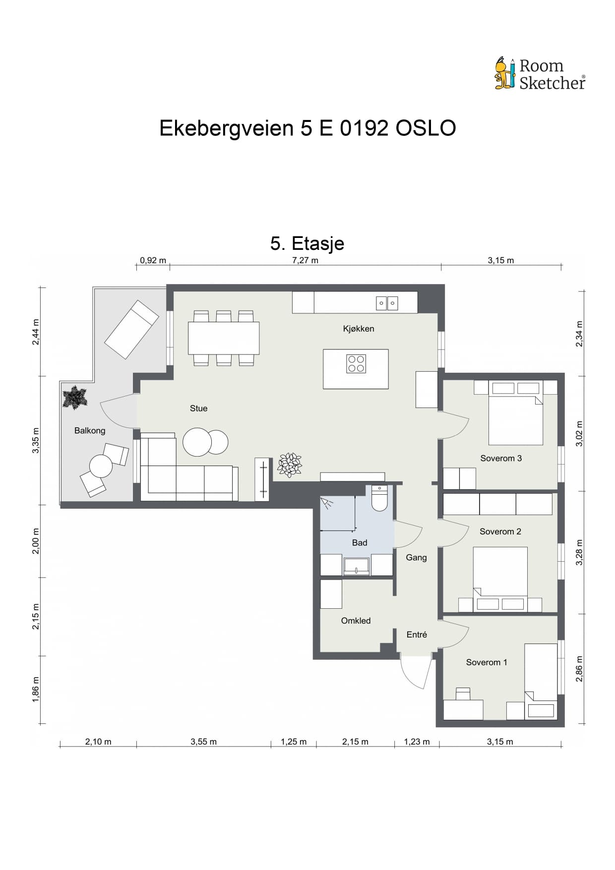 Plantegning. Leiligheten disponerer en bod i kjelleren.