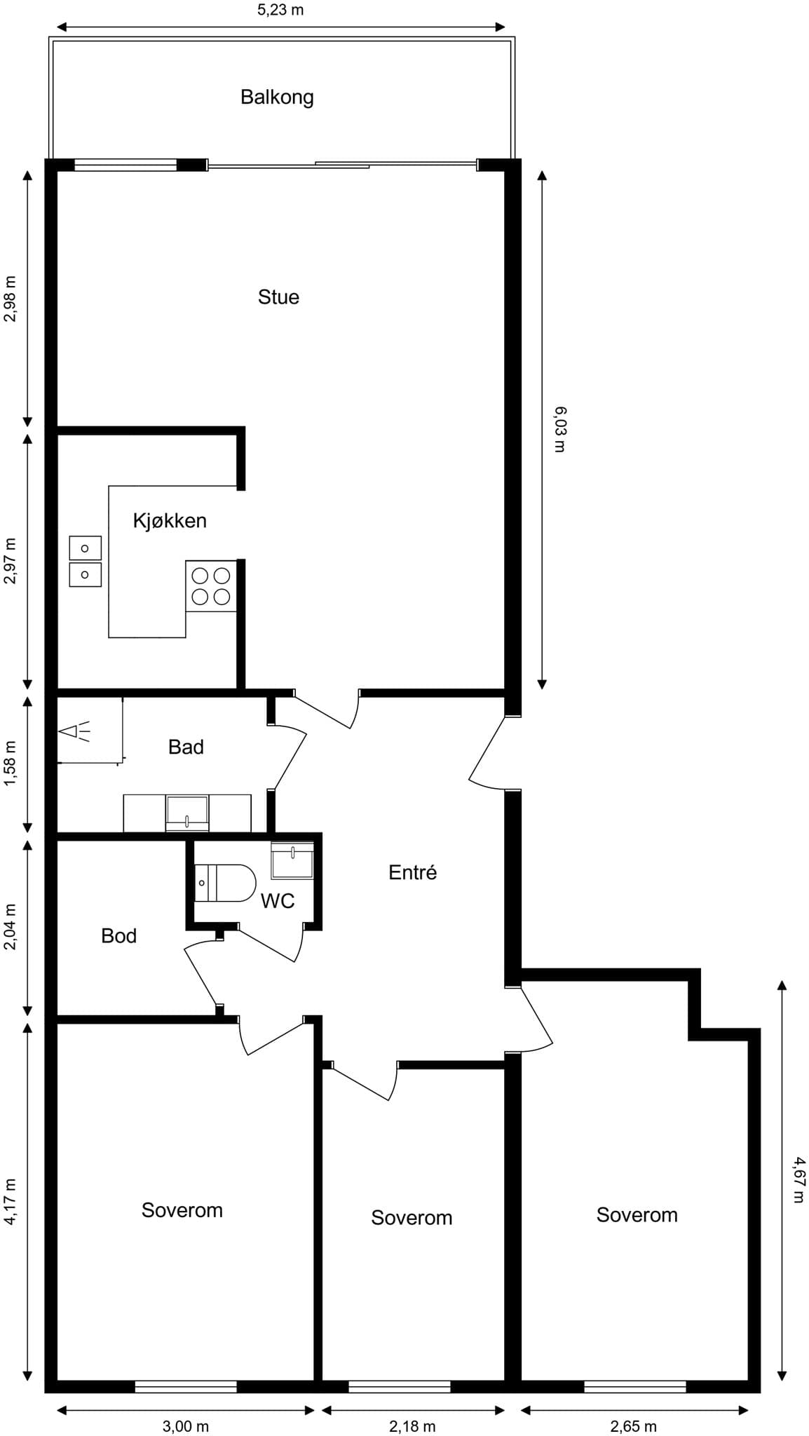 Plantegning. I tillegg disponerer leiligheten en kjellerbod.