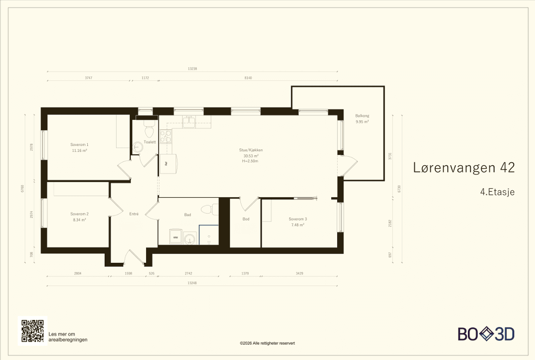 Plantegning. Leiligheten disponerer i tillegg en kjellerbod.