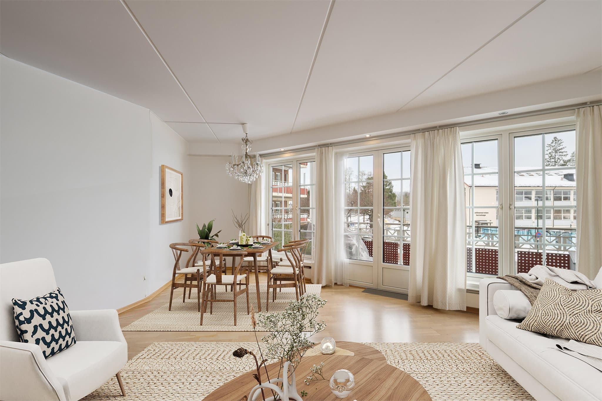 Fra stuen er det utgang til hjørnebalkong – perfekt for solrike dager og rolige kvelder. (Digitalt møblert bilde)