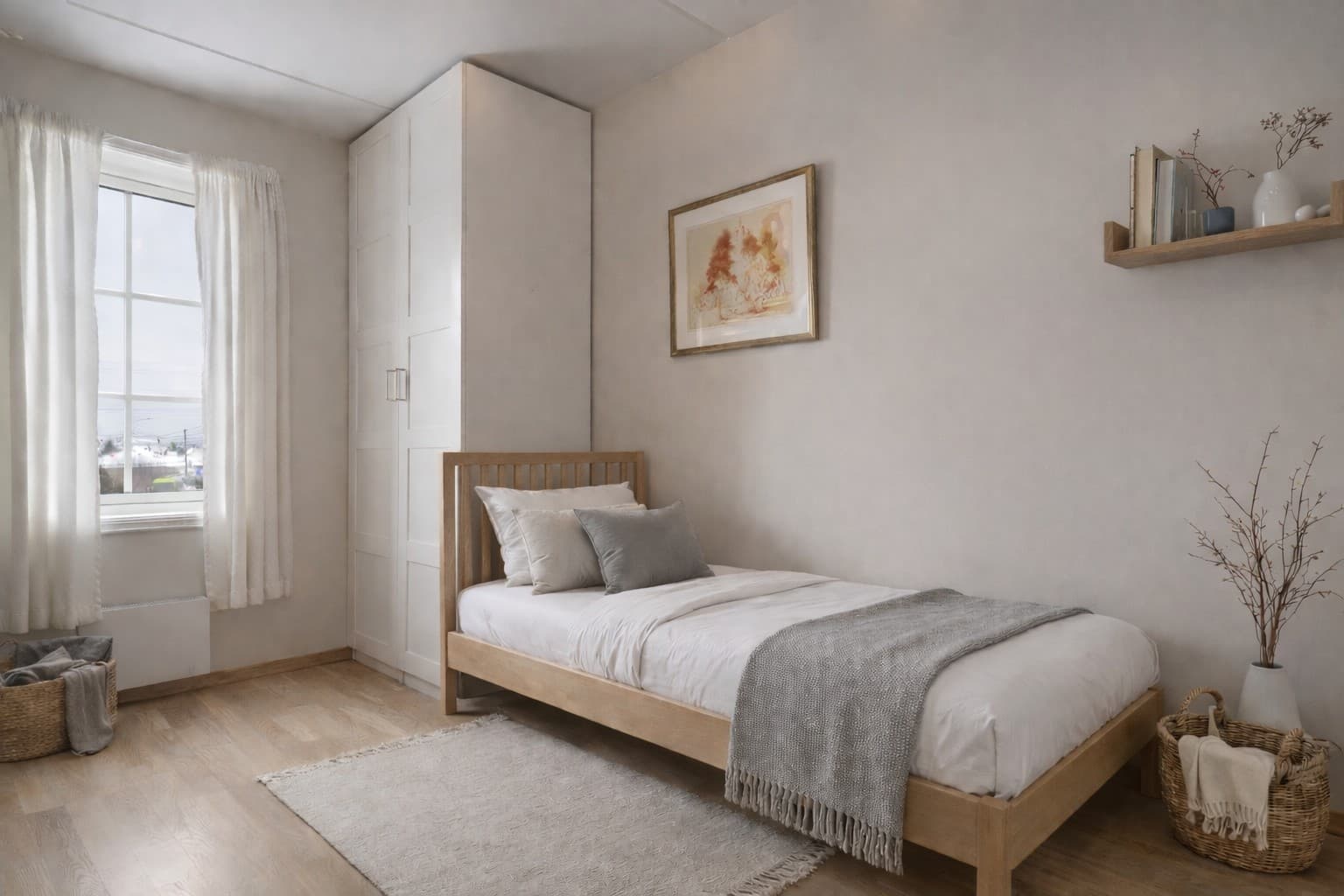 Soverom nr. 3 har garderobeskap og har lysmalte vegger og himling. (Digitalt møblert bilde)