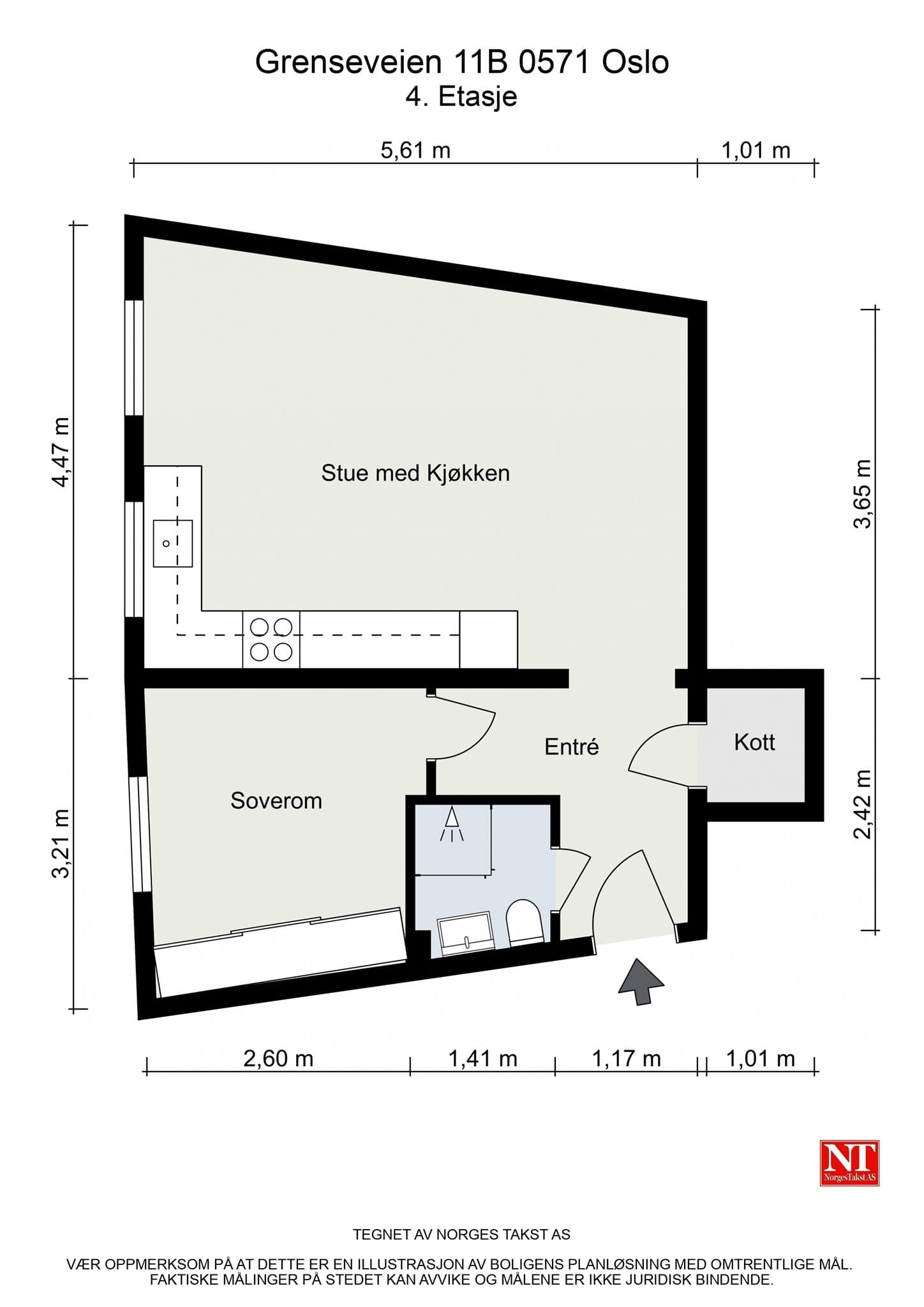 Leiligheten har en arealeffektiv planløsning med entré, bad, soverom og stue med åpen kjøkkenløsning.