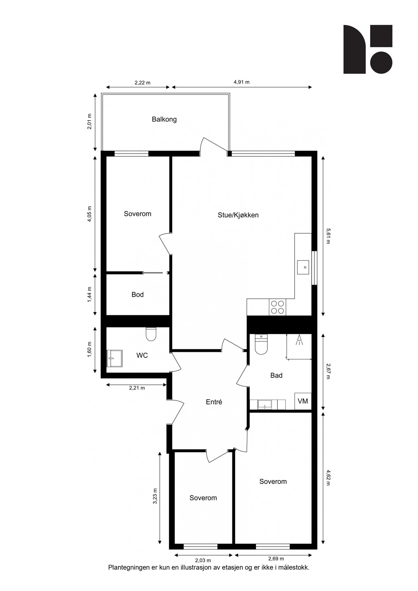 Plantegning. Leiligheten disponerer en bod i kjelleren på 5 m² og en parkeringsplass i felles garasjekjeller.