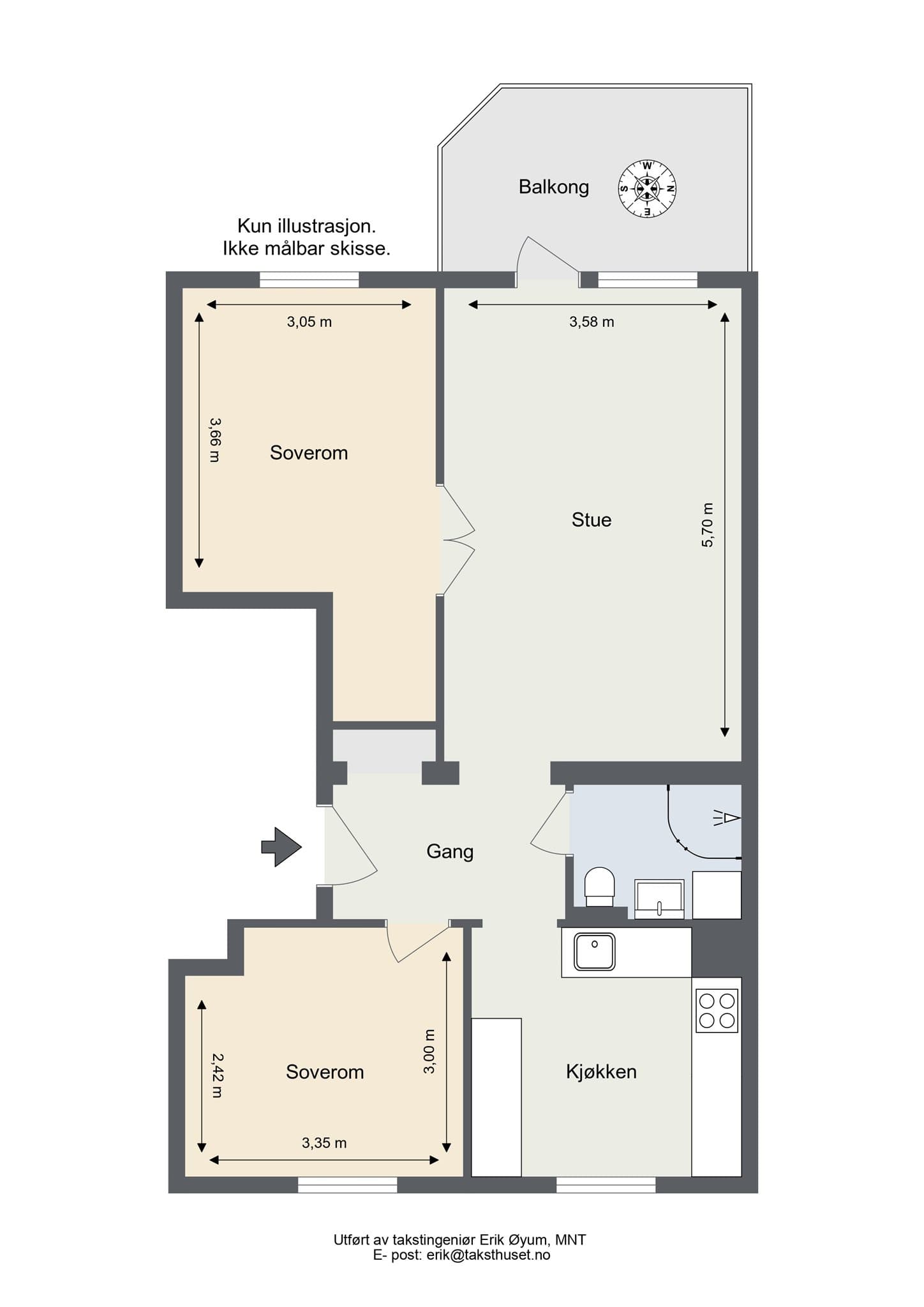 Plantegning. Leiligheten disponerer også en kjellerbod på ca. 6 m² og en loftsbod med et gulvareal på ca. 10 m².