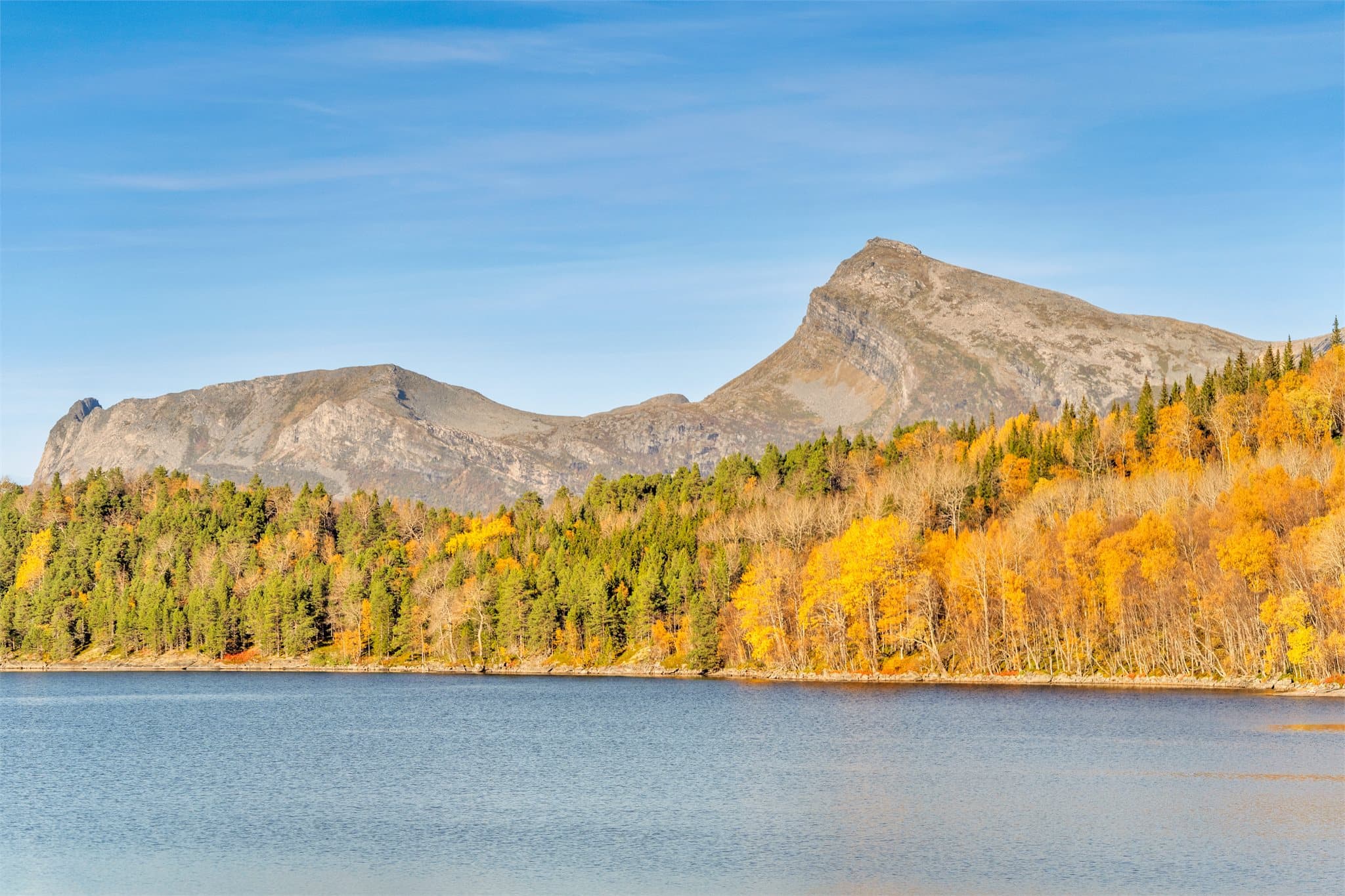 Fjellrygg og fargerik blandingsskog langs bredden av Kilvatnet.