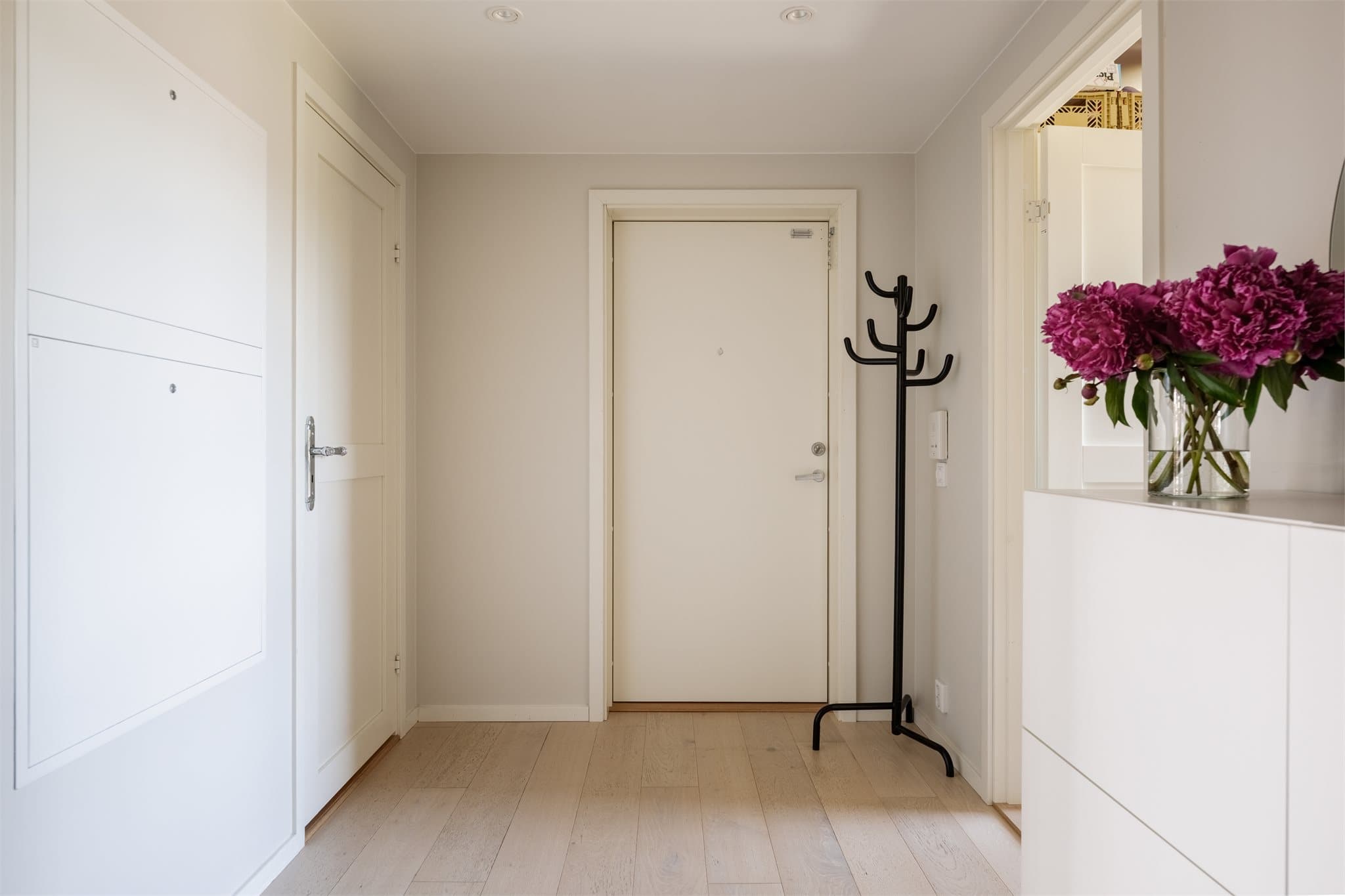 Velkommen inn! Innbydende entré med adkomst til leilighetens øvrige rom.
