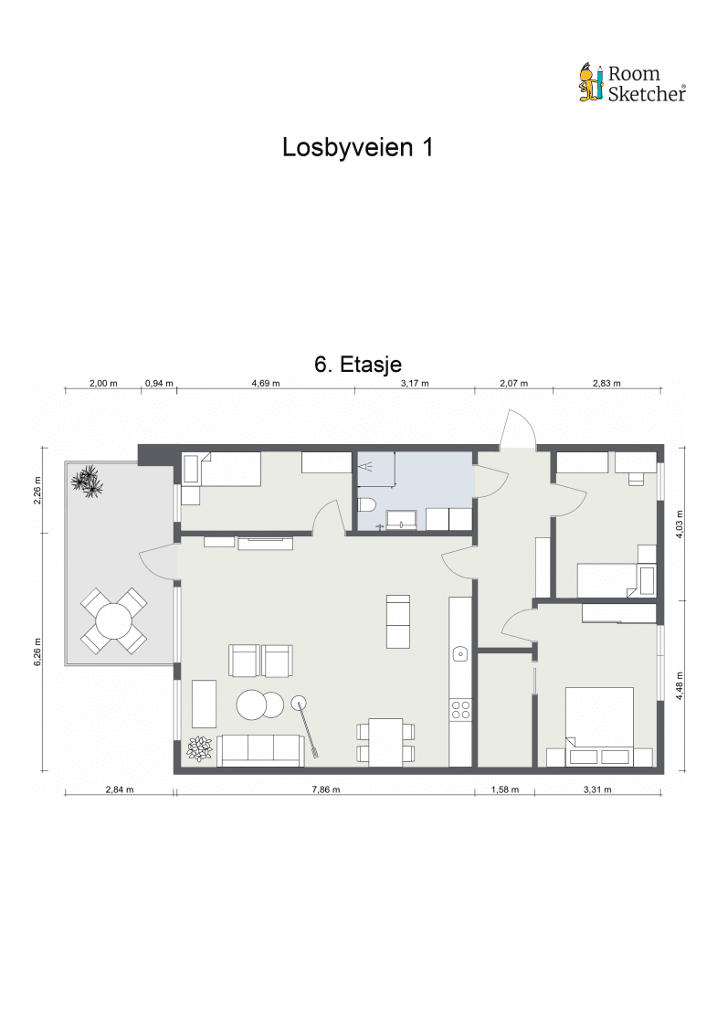 Plantegning. Leiligheten disponerer en bod i kjeller og har garasjeplass med lader.