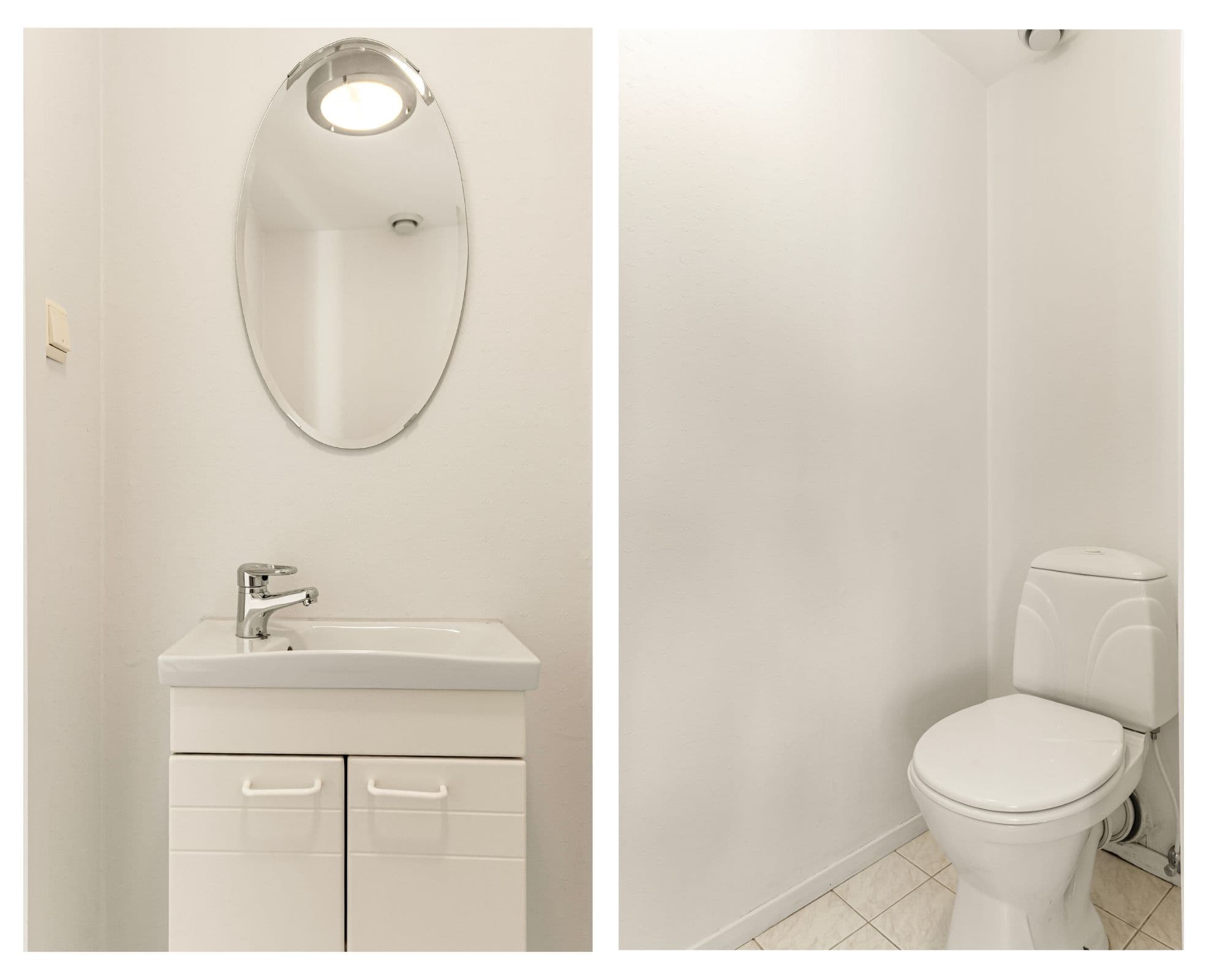 - Toalettrom måler 1,47 m² og er innredet med heldekkende servant og toalett -