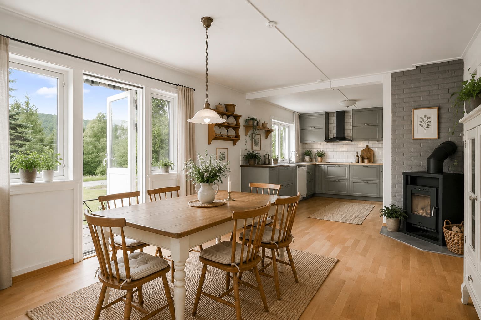Boligens kjøkken er i åpen løsning med spisestue og det er utgang til terrasse. Digitalt møblert - avvik kan forekomme.