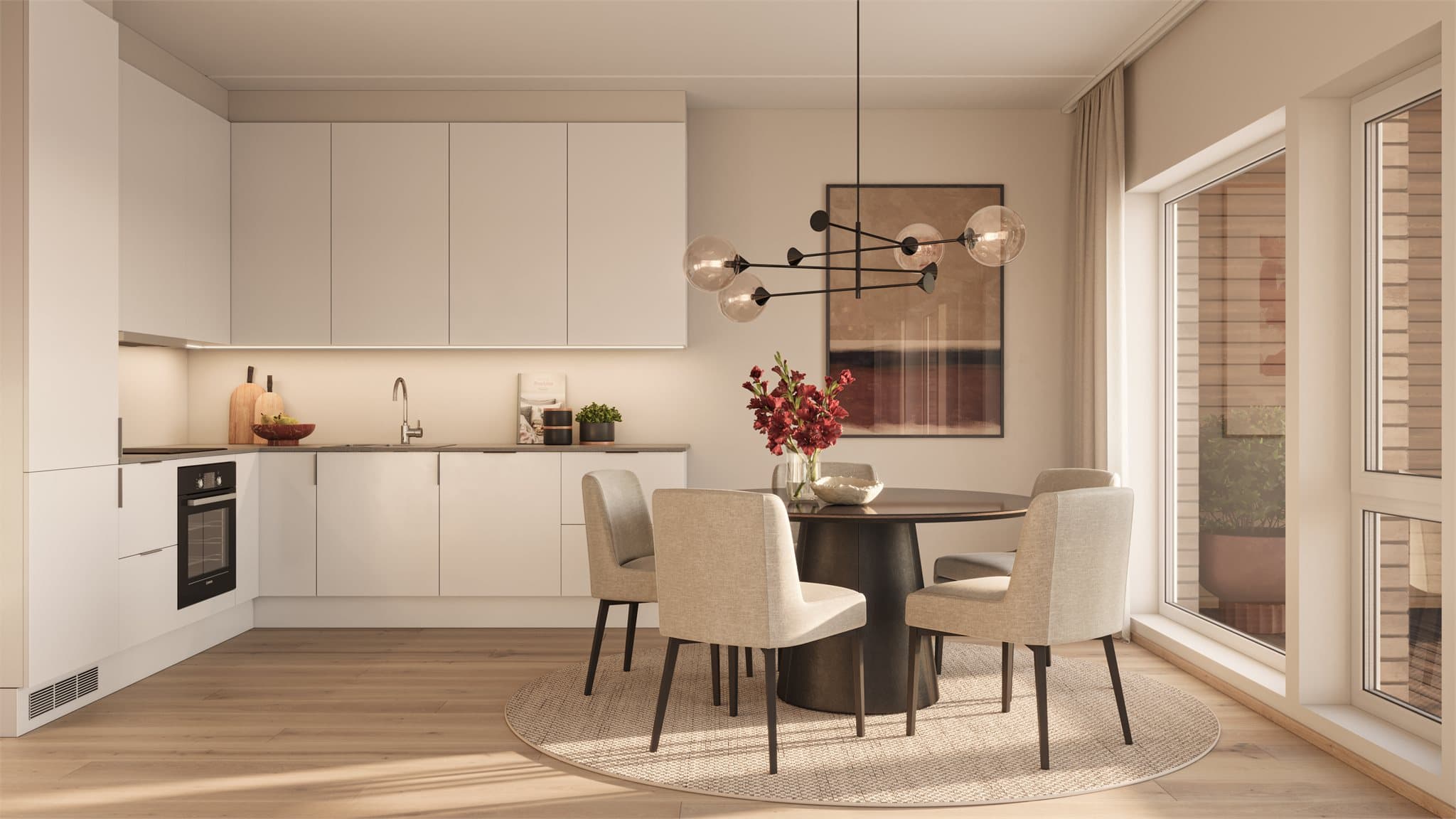 Illustrasjon kjøkken. Det leveres integrerte hvitevarer og moderne kjøkkeninnredning. (Bilder er kun ment som illustrasjon - se leveransebeskrivelse og plantegning for detaljert romløsning og leveranse. Avvik vil kunne forekomme)