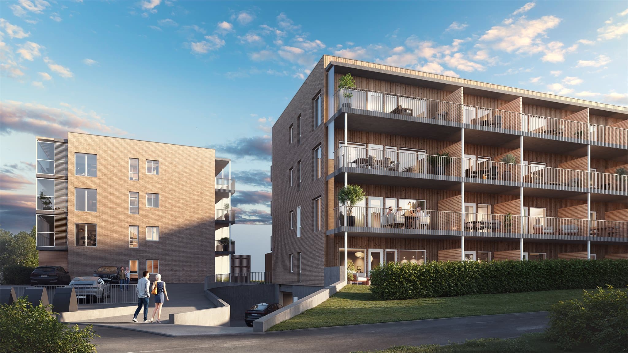 Illustrasjon fasade, balkongside bygg H og garasjeinnkjøring