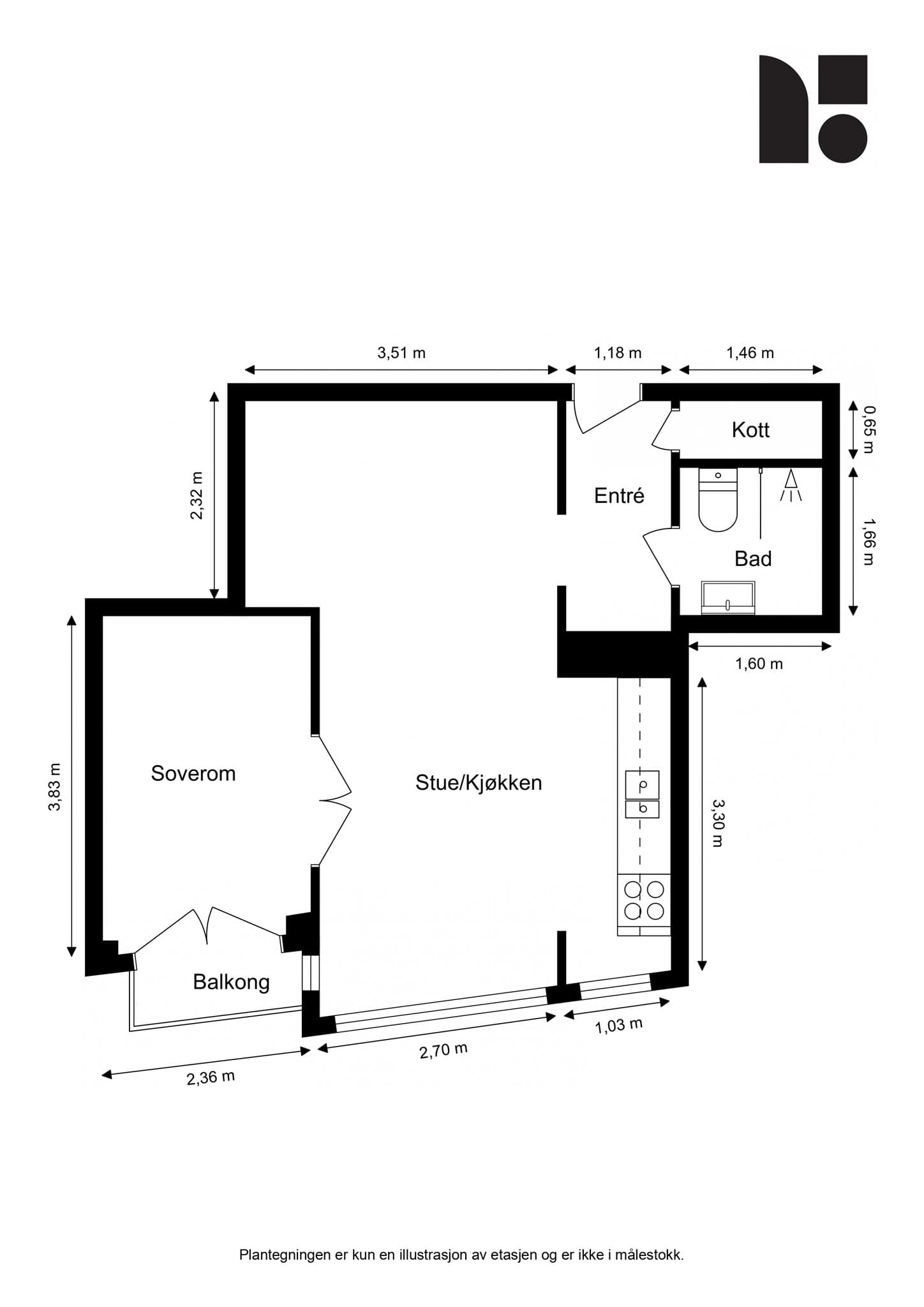 Plantegning. Leiligheten disponerer internt kott samt en kjellerbod på 2 m².