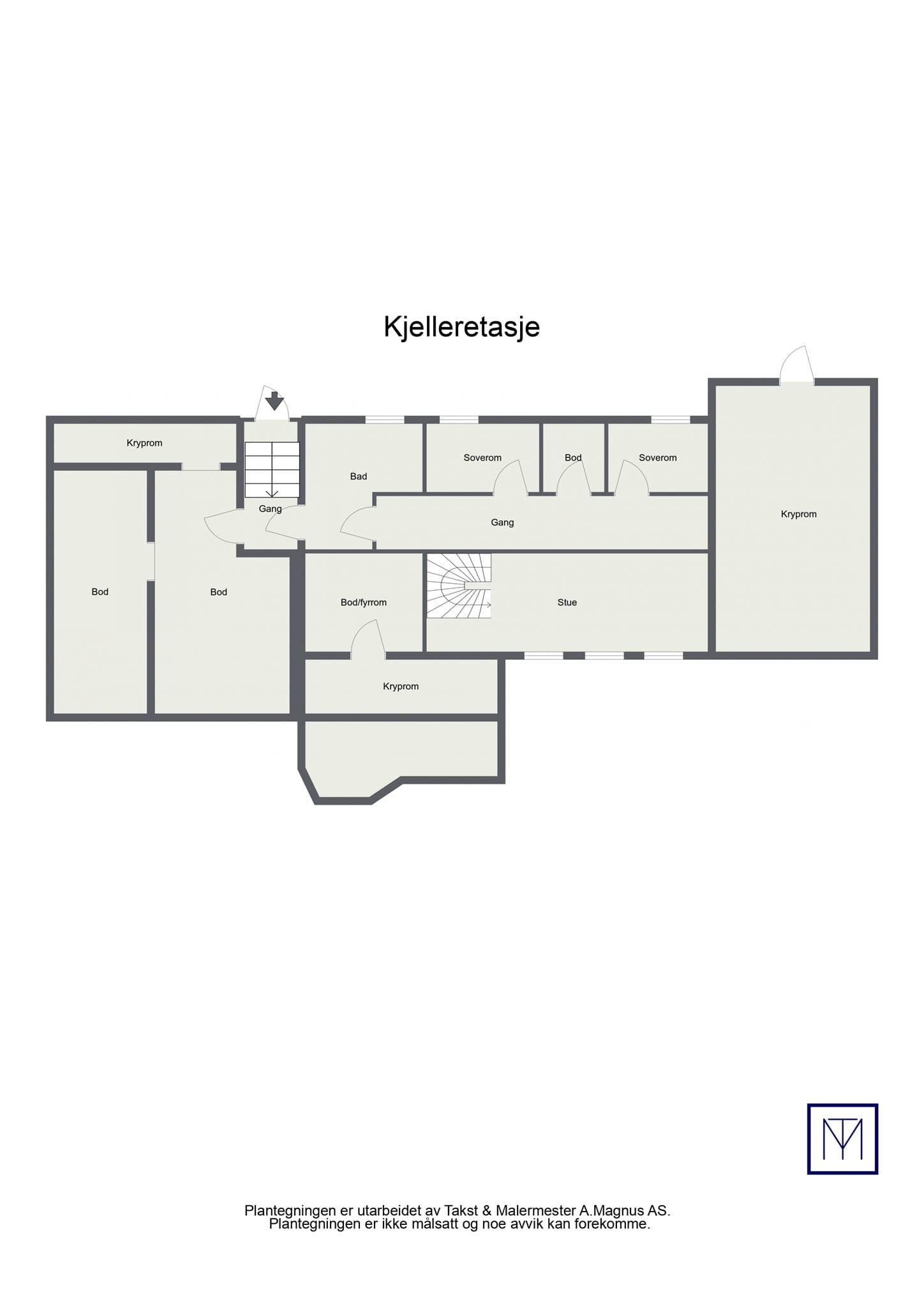 Plantegning kjelleretasje. Det foreligger ikke godkjent bruksendring/ ferdigattest for kjelleretasje. Det foreligger tillatelse til tiltak og søknad om ferdigattest er innsendt. Se prospekt.