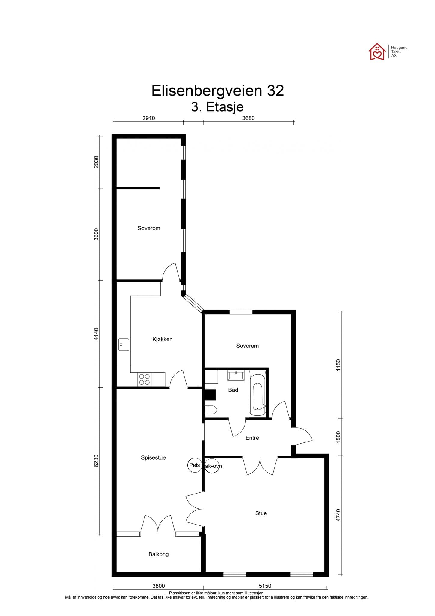 Plantegning. I tillegg disponerer leiligheten en kjellerbod på 9,7 m².