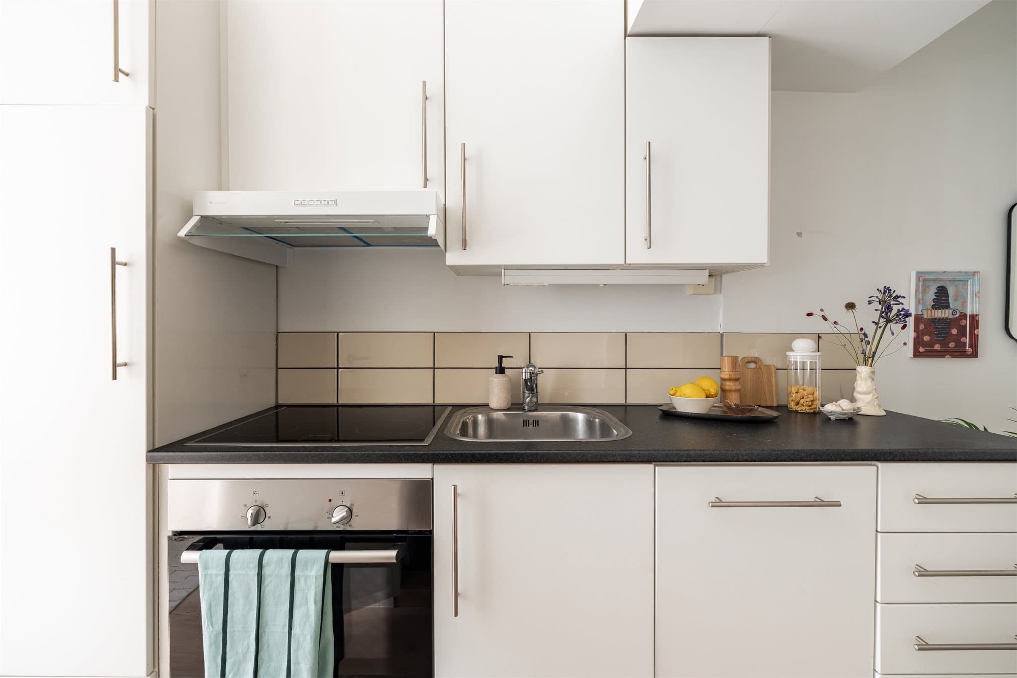 Det er stekeovn, oppvaskmaskin (smal type), ventilator og kjøleskap på kjøkkenet.