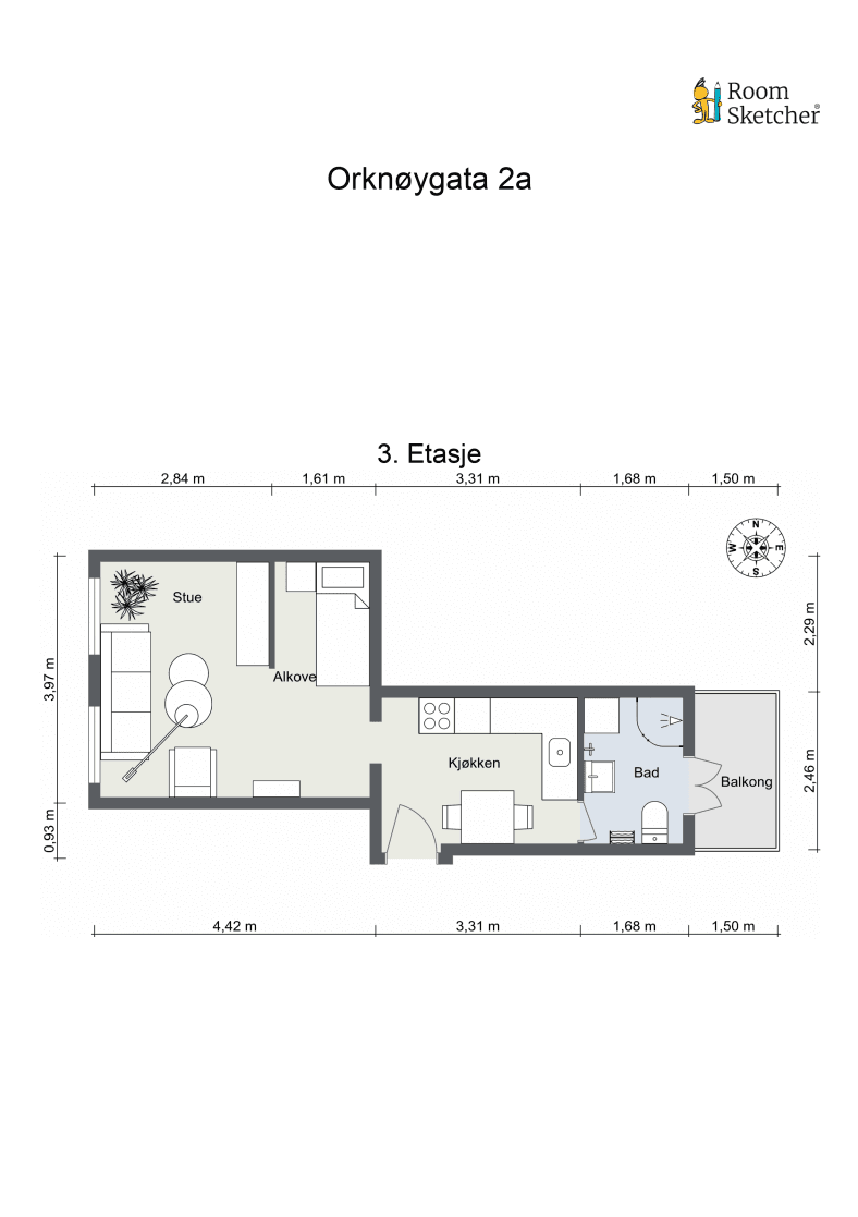 Plantegning. Leiligheten disponerer en kjellerbod på ca. 5 kvm.