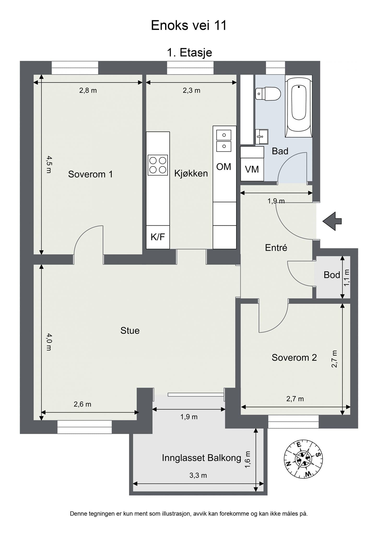 Leiligheten har en arealeffektiv planløsning på 65 m² som rommer entré, stue, kjøkken, bad og to soverom.