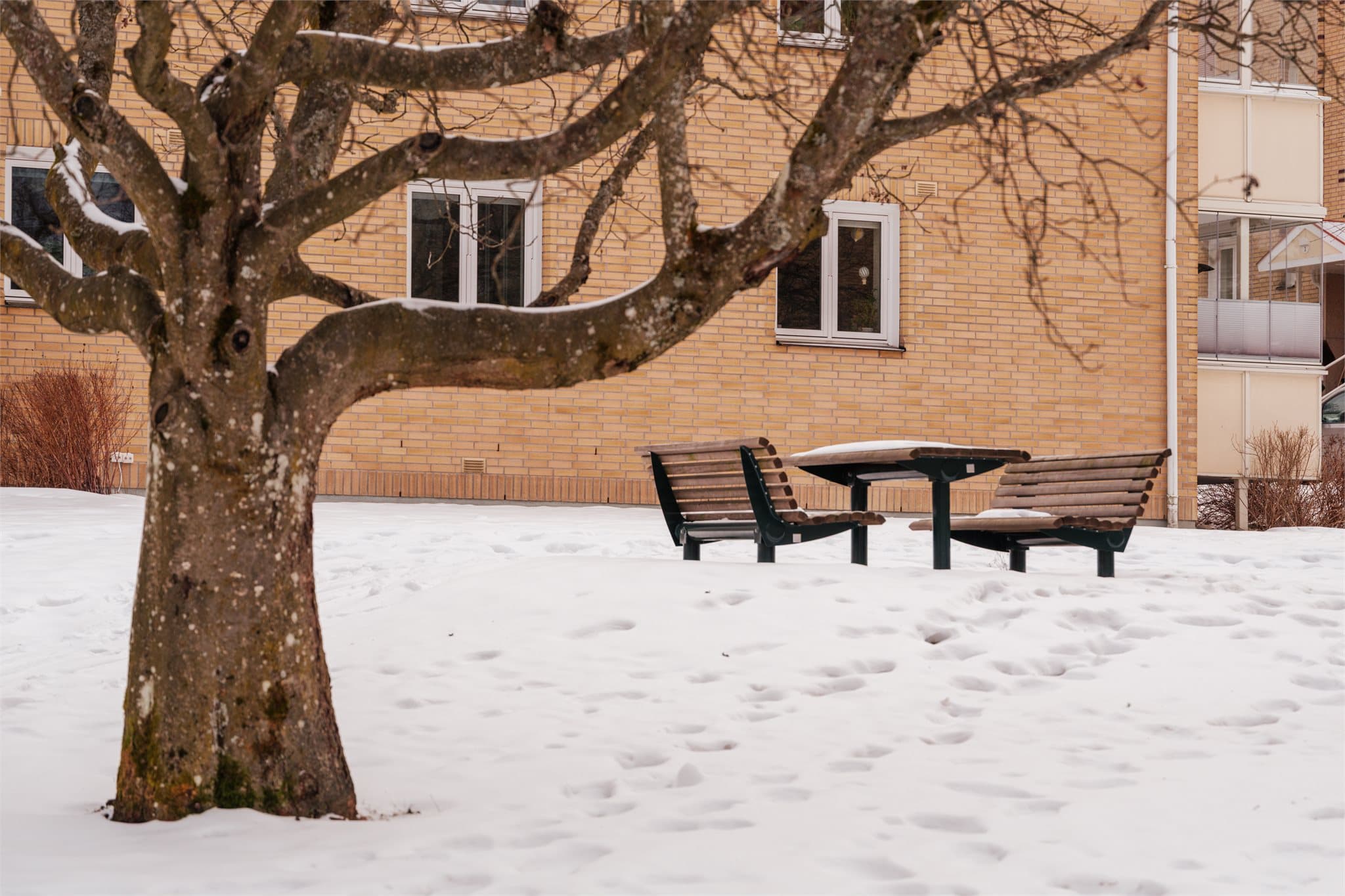 Borettslaget har opparbeidede fellesarealer med plen og sittegrupper.