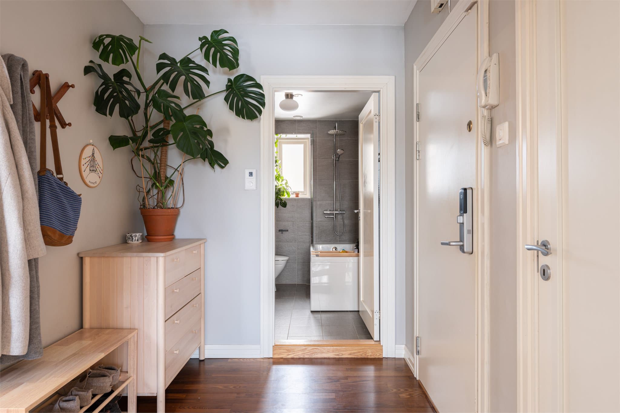 Fra entréen er det adkomst til badet og videre inn til leilighetens sosiale soner.