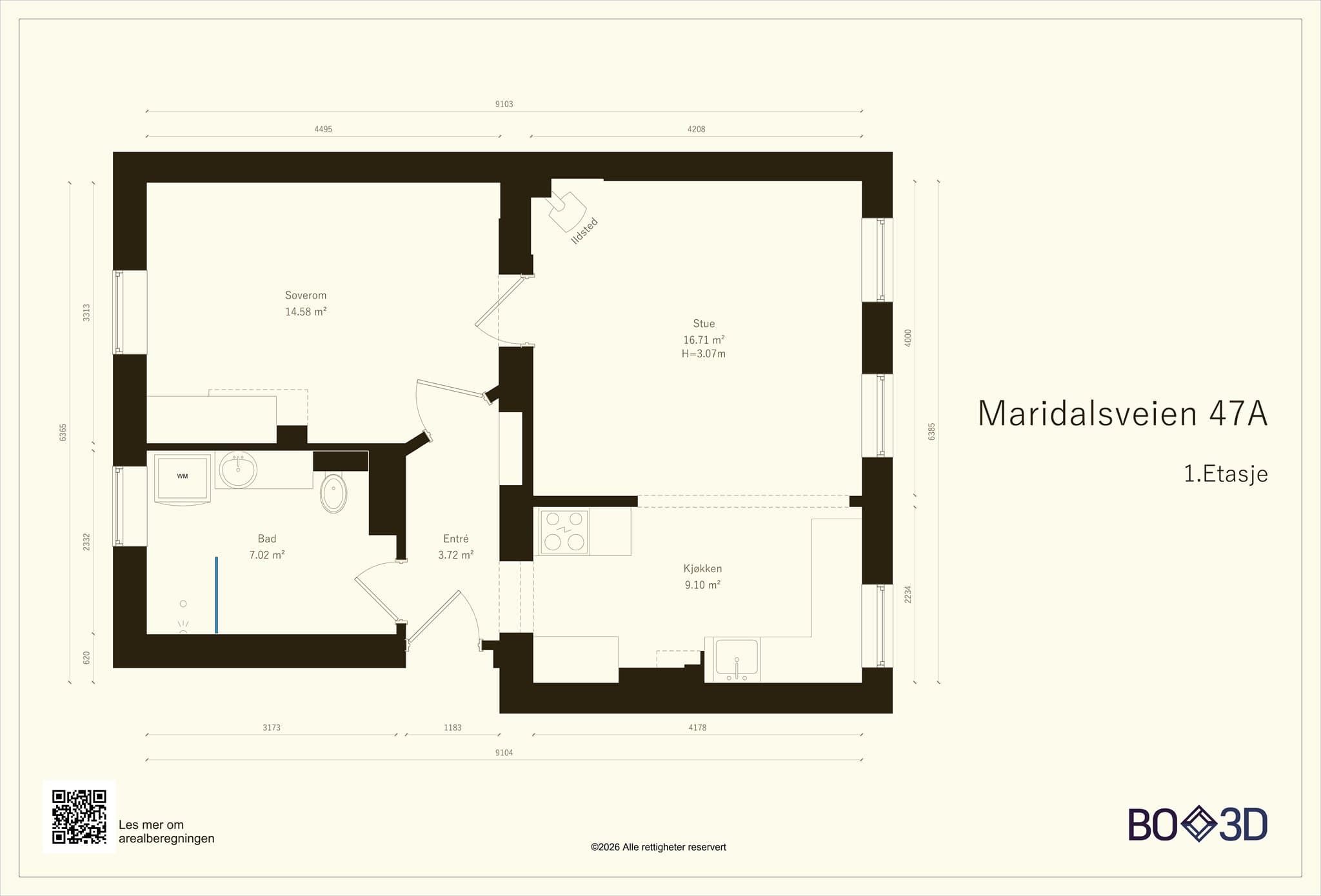 Planløsning. Leiligheten disponerer en kjellerbod på ca. 10 m². Det er opplyst om en loftsbod, men denne var ikke tilgjengelig for oppmåling på befaringen.