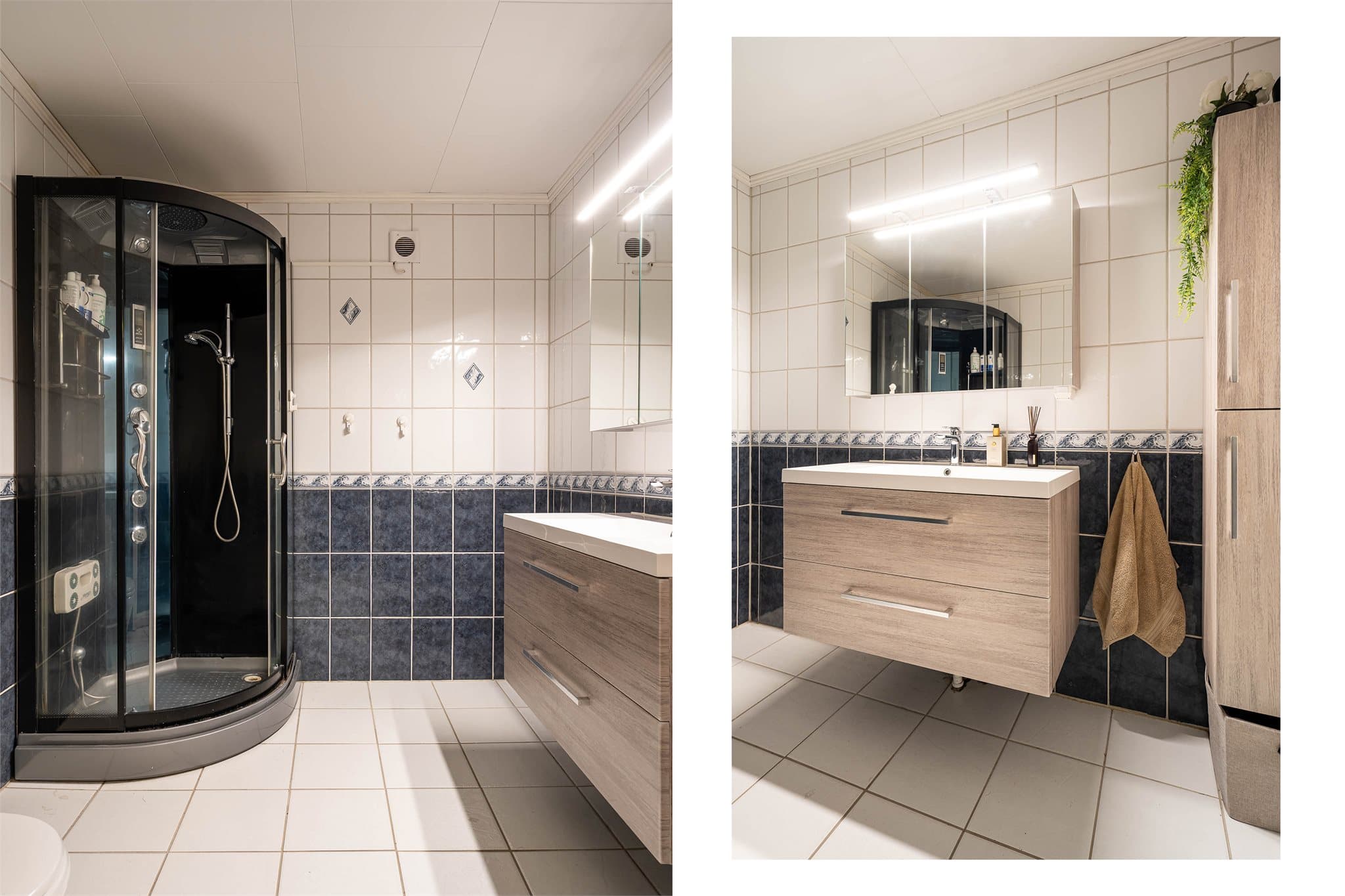 Over servanten er det montert speilskap med belysning. Badet har en funksjonell utforming med de nødvendige fasilitetene samlet på ett sted.