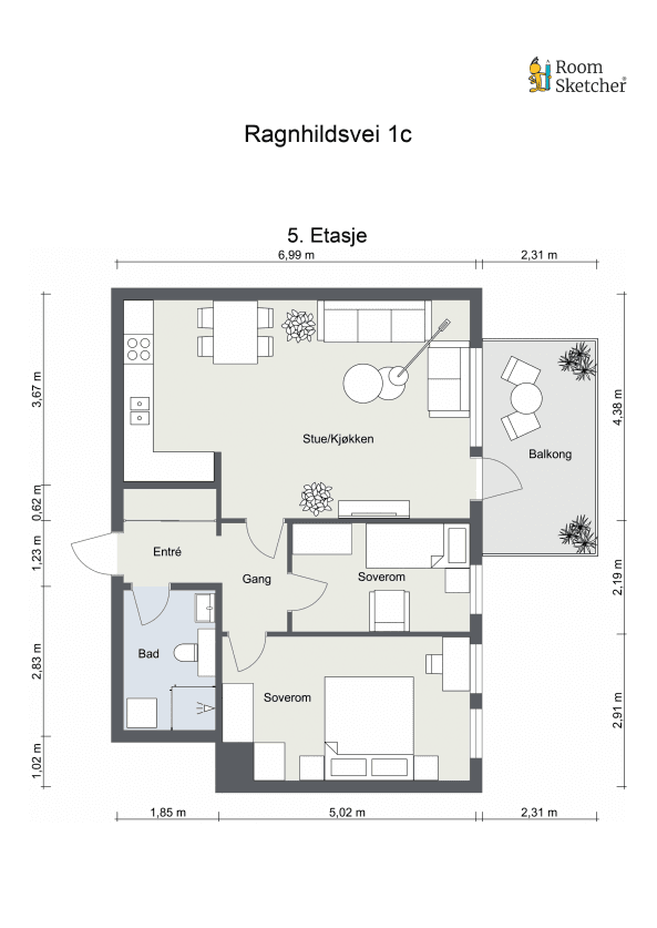 Plantegning. Leiligheten disponerer i tillegg en kjellerbod.