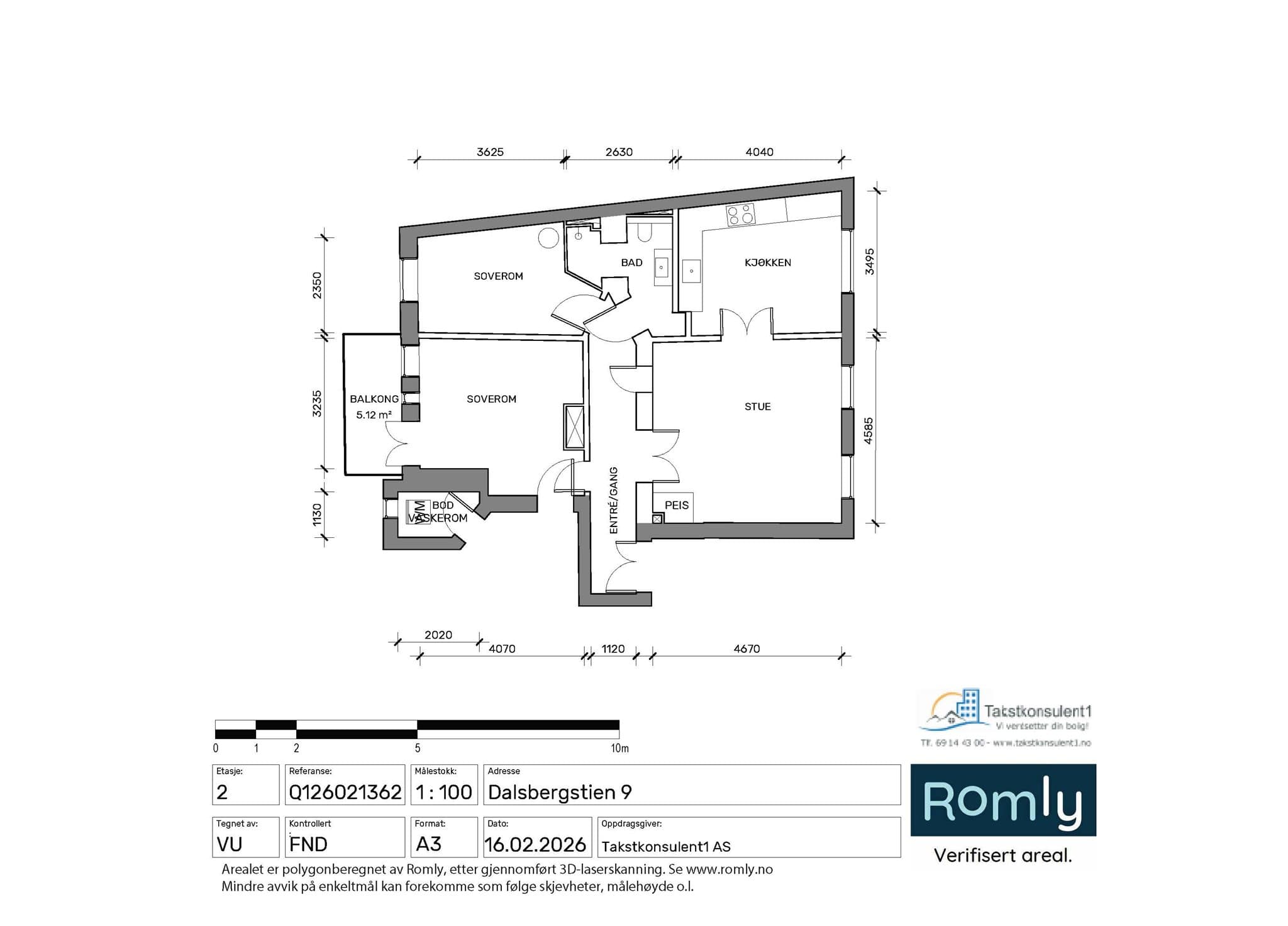 Plantegning. Leiligheten disponerer en bod på 2,97 m² i trappeoppgang med opplegg for vaskemaskin, en loftsbod på 3 m² og en kjellerbod med gulvareal på ca. 8 m².