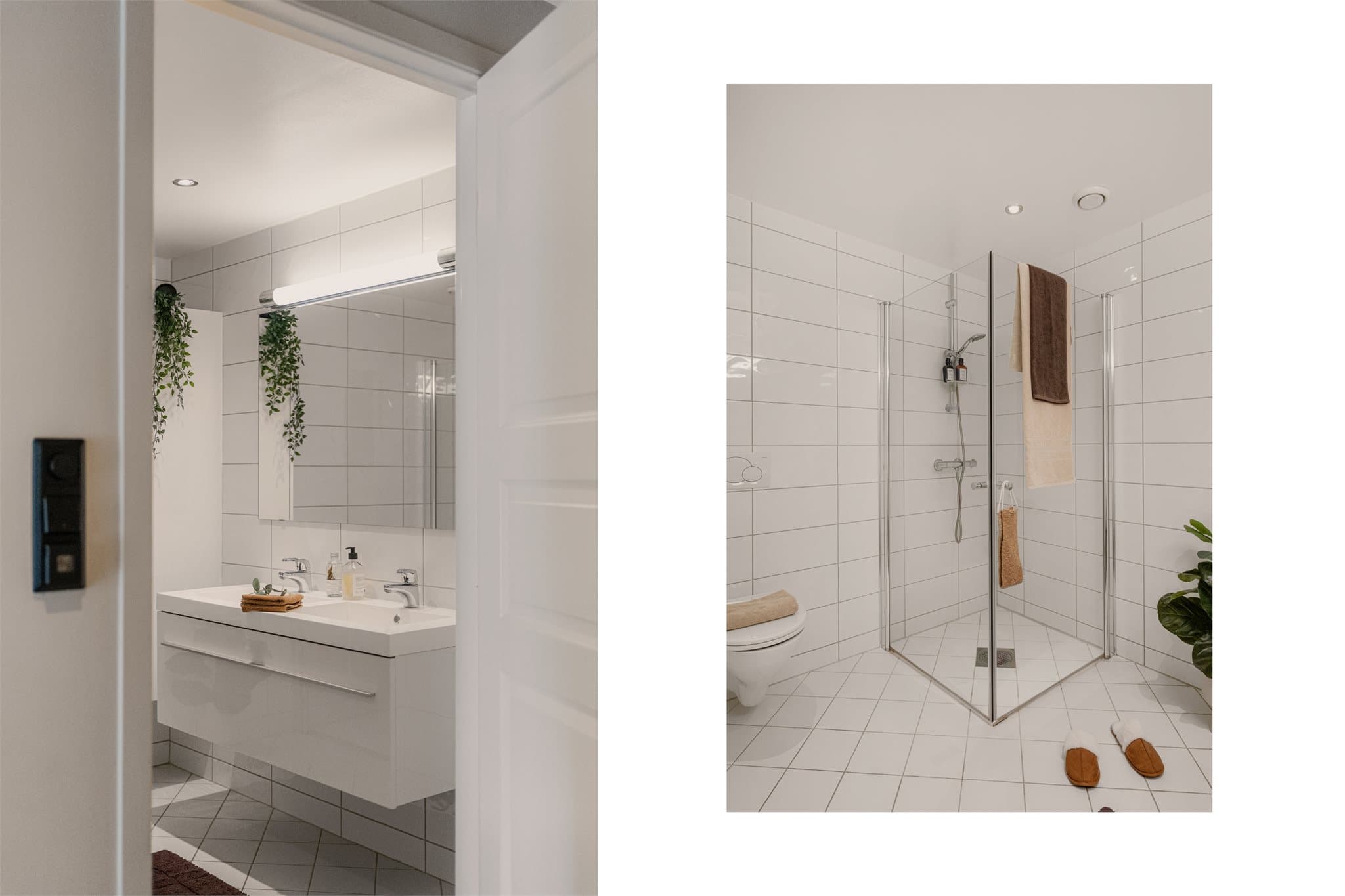 - Badet er innredet med dobbel servant med møblement, høyskap, vegghengt toalett, innfellbart dusjhjørne i glass og dusjgarnityr -